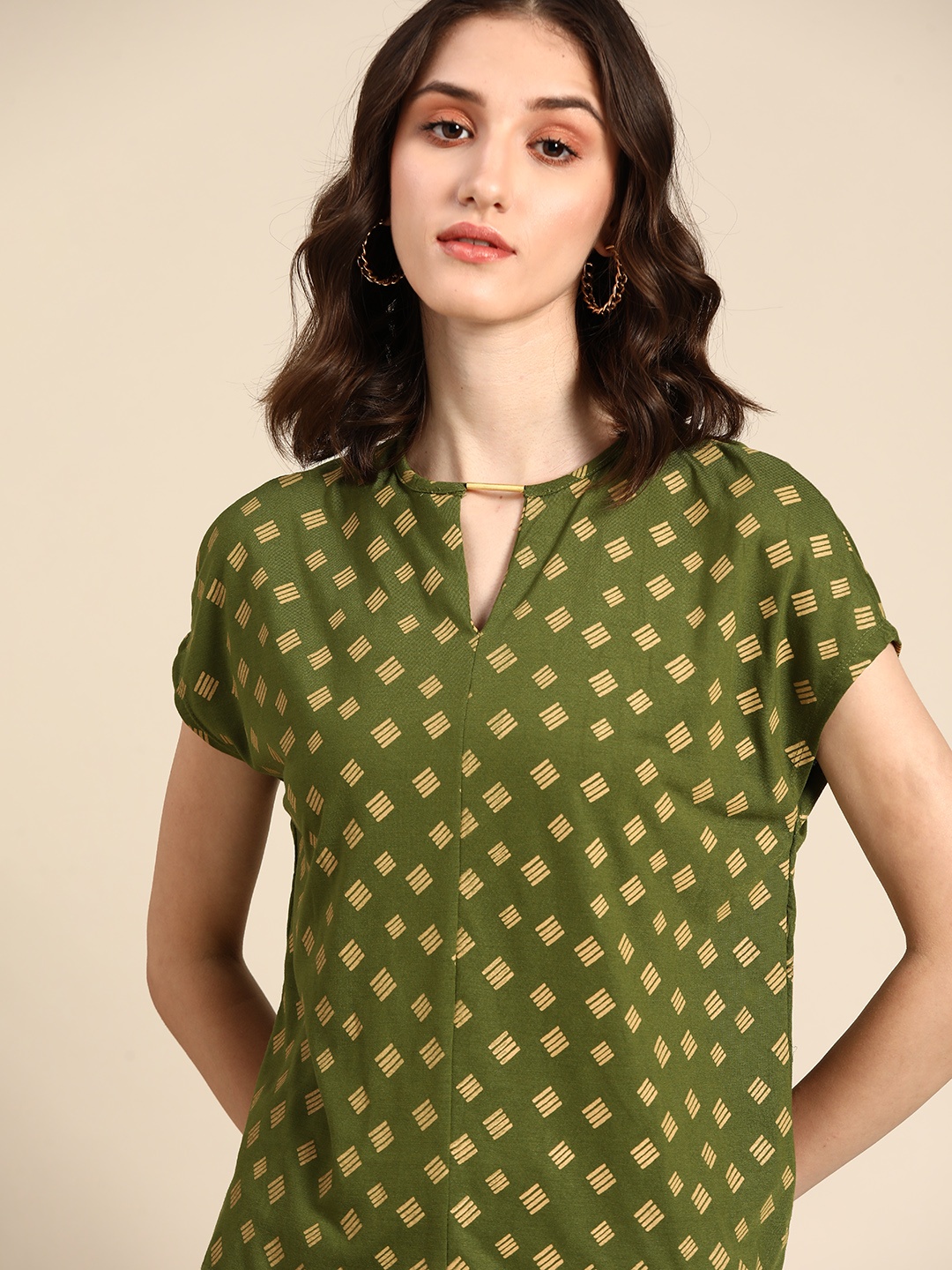 

all about you Women Green & Beige Printed Extended Sleeves Top