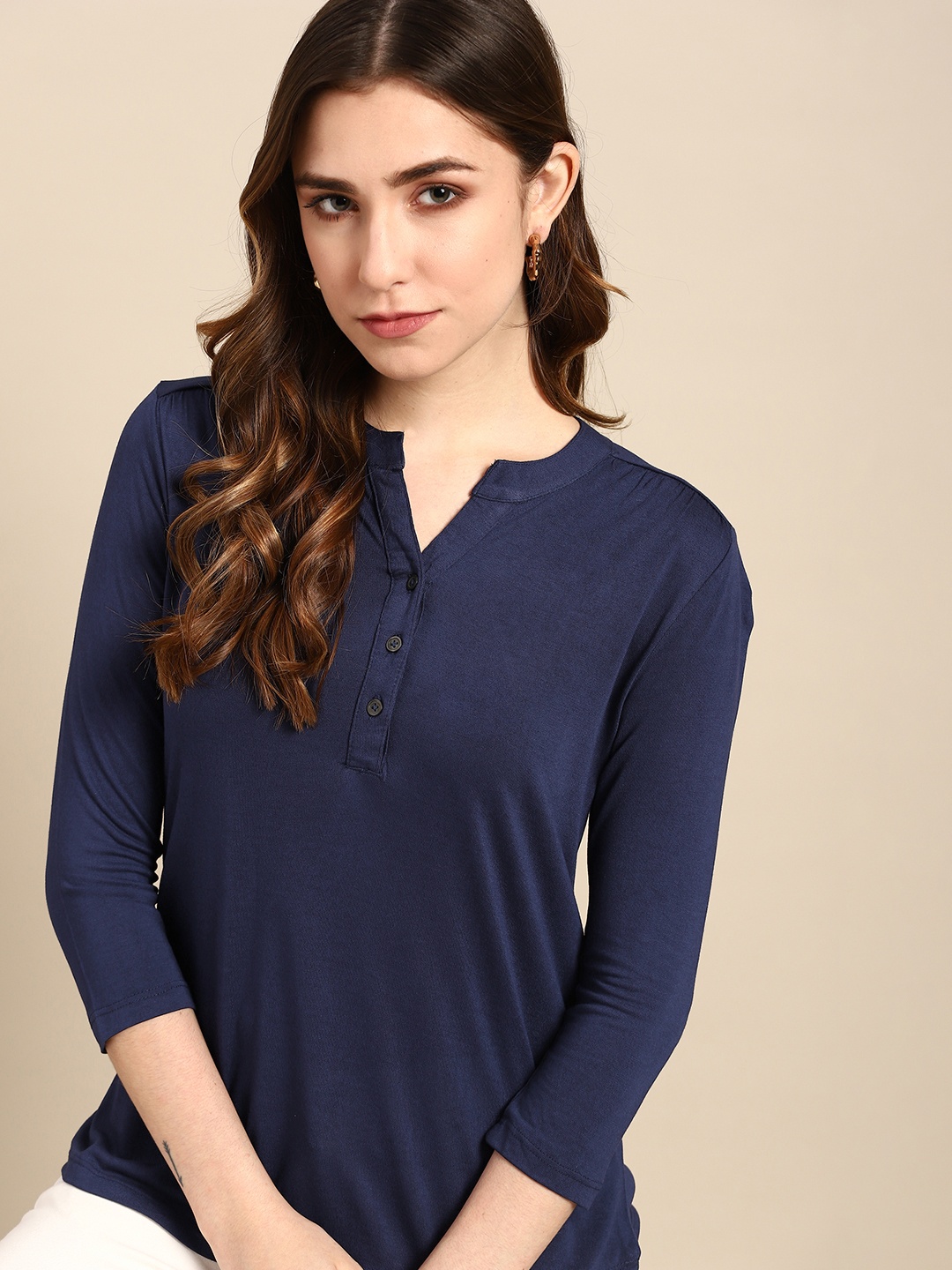 

all about you Women Navy Blue Solid Knitted Regular Top