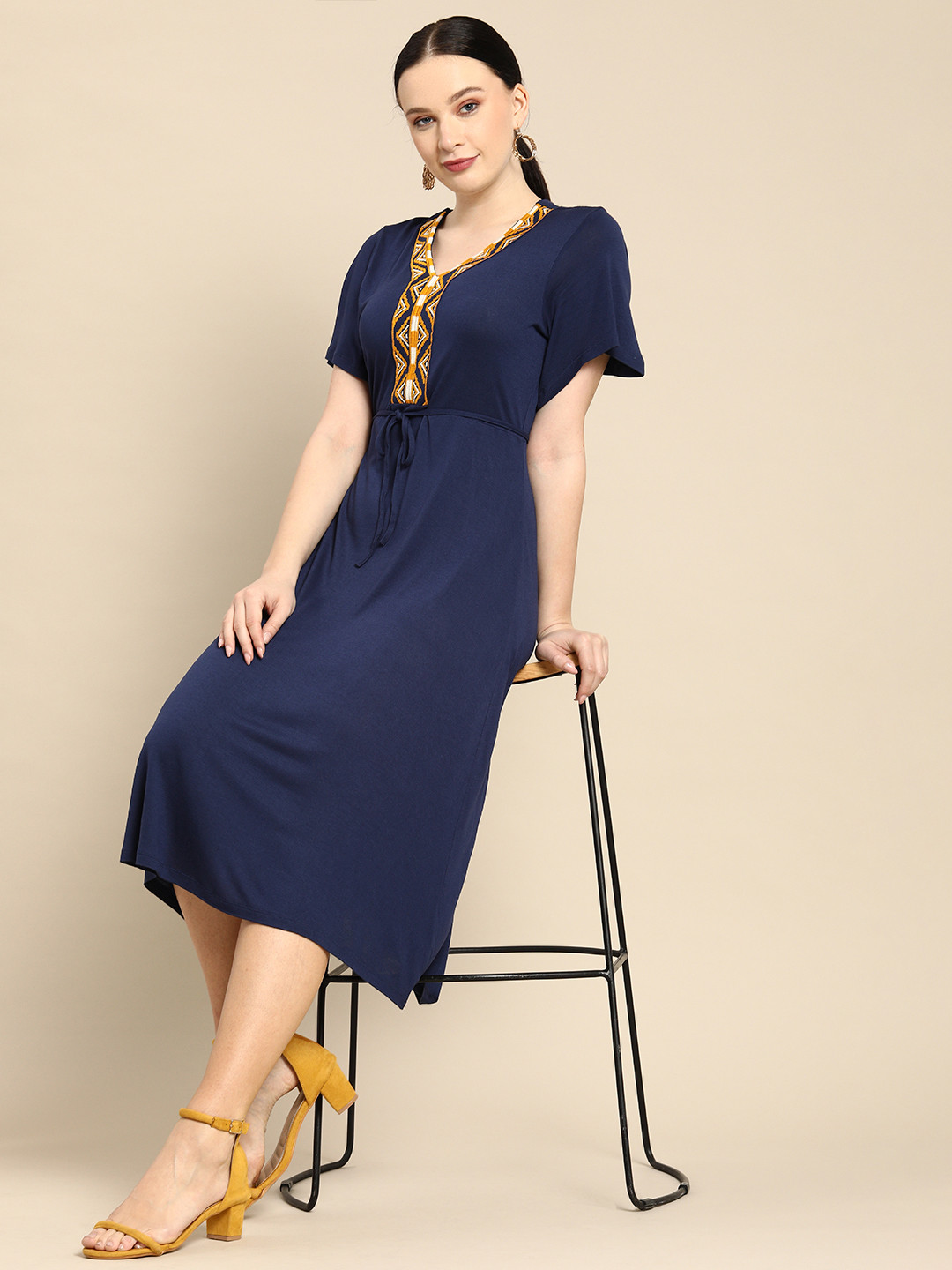 

all about you Blue Embroidered A-Line V-Neck Midi Dress With Belt