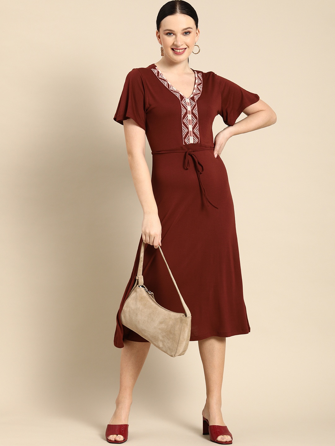 

all about you Maroon Embroidered A-Line V-Neck Midi Dress With Belt