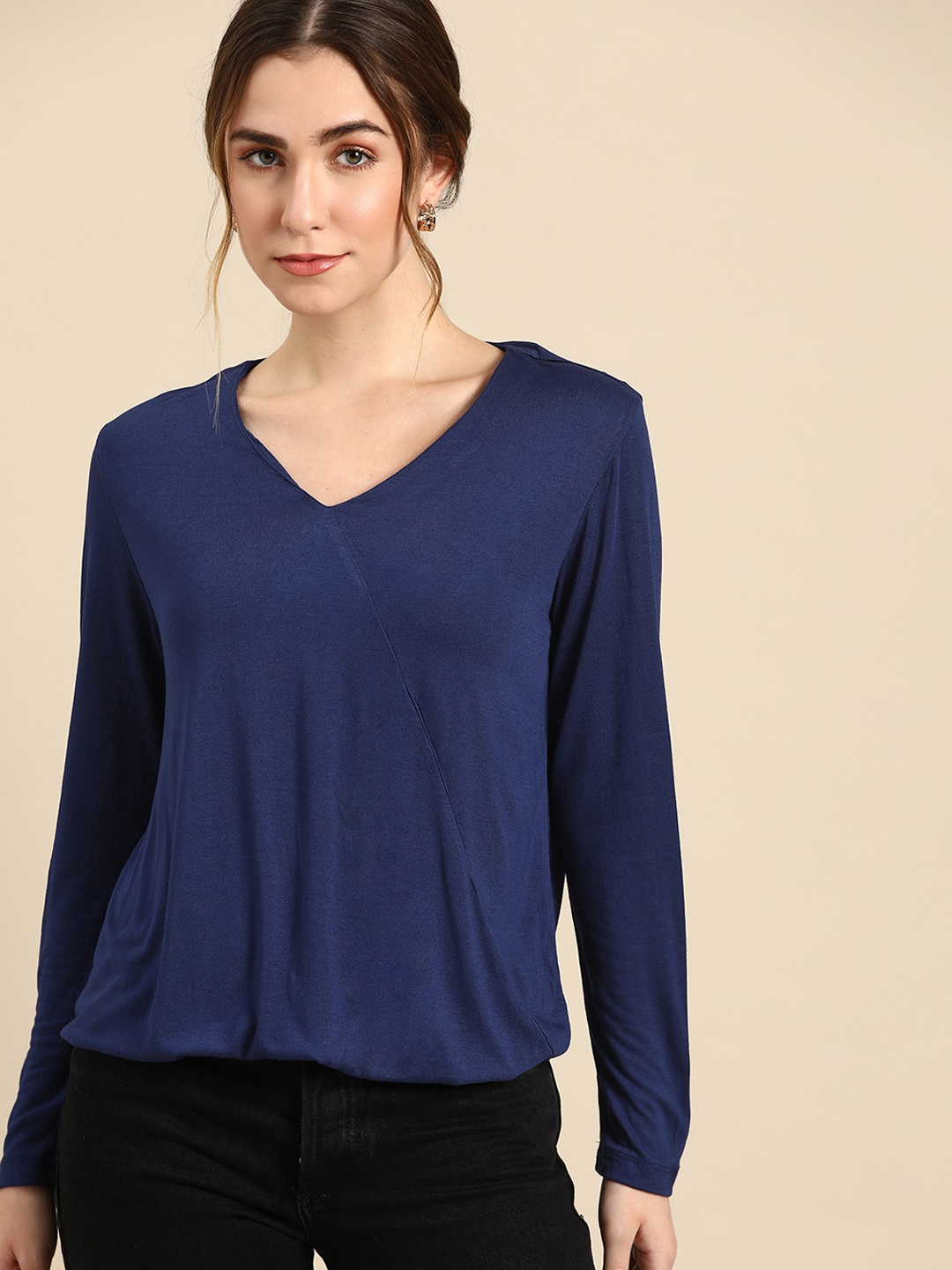 

all about you Women Navy Blue Solid V-Neck Top