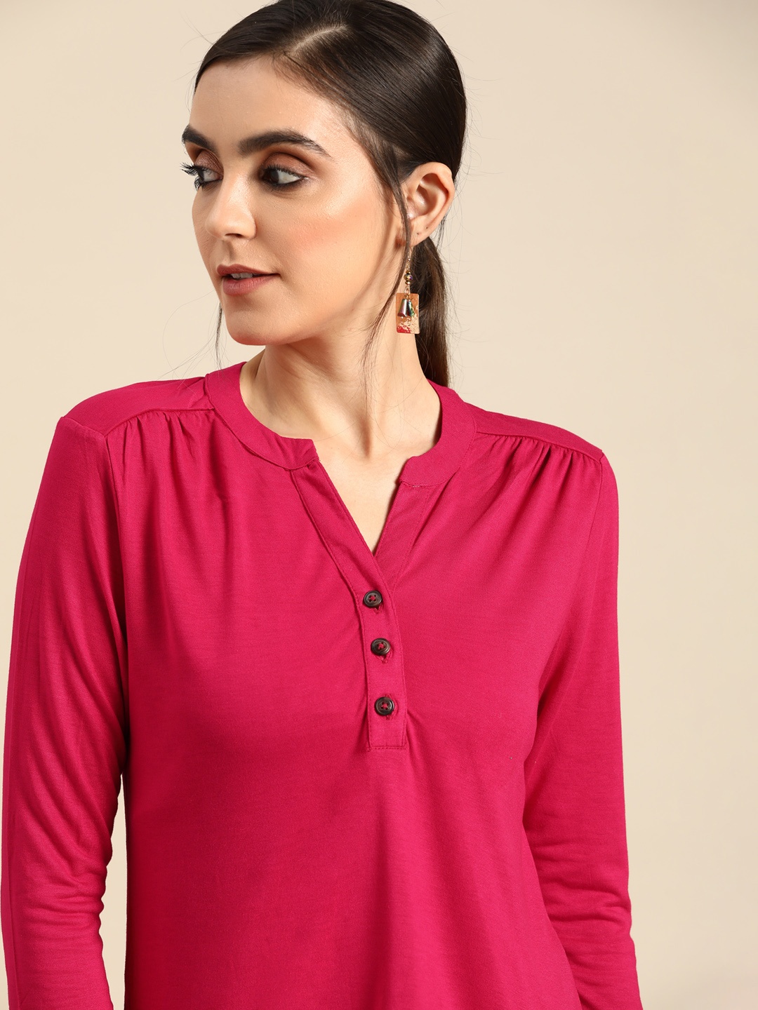 

all about you Pink Sustainable EcoVero Solid Mandarin Collar Top
