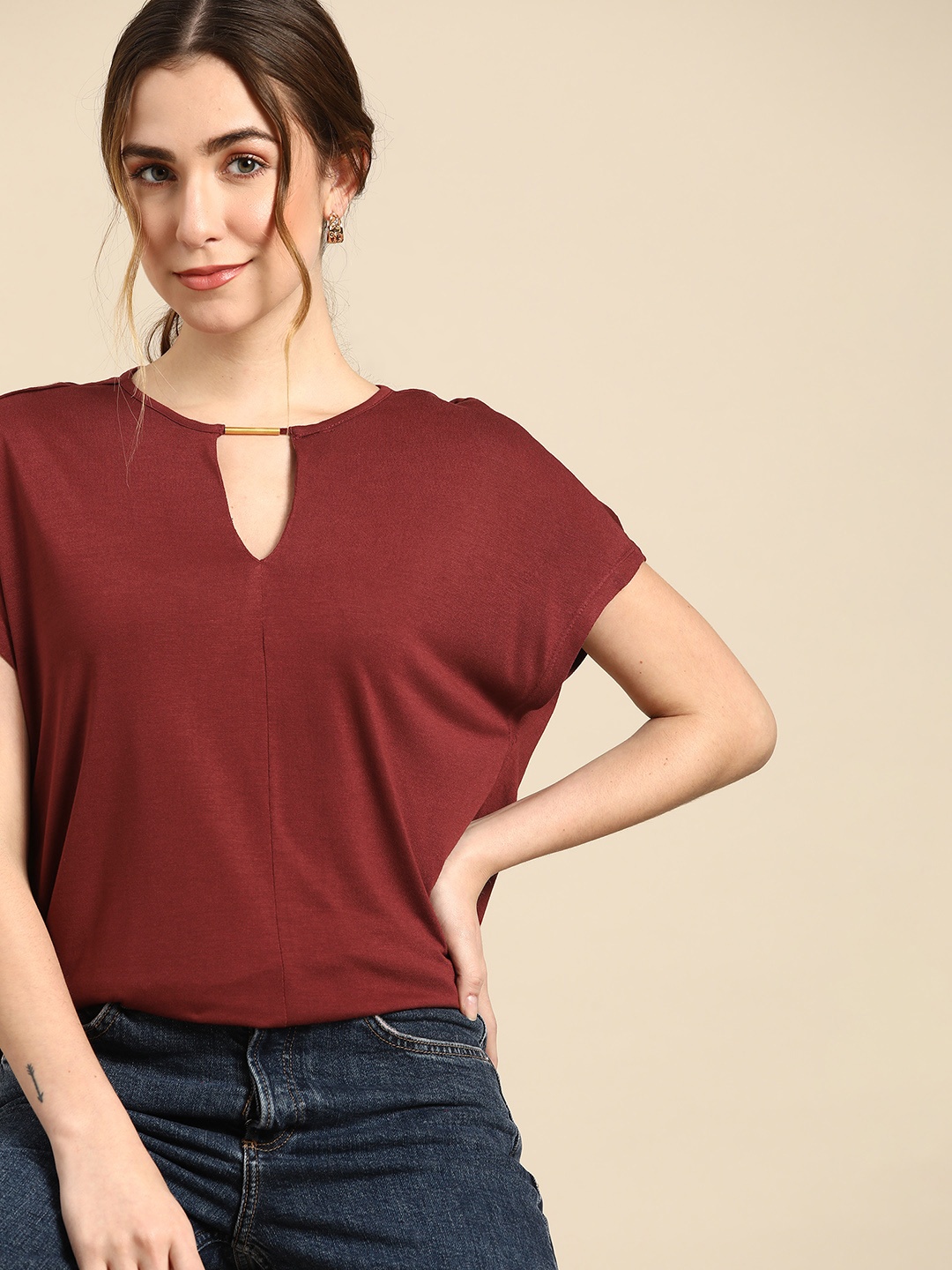 

all about you Women Maroon Solid Keyhole Neck Extended Sleeves Top