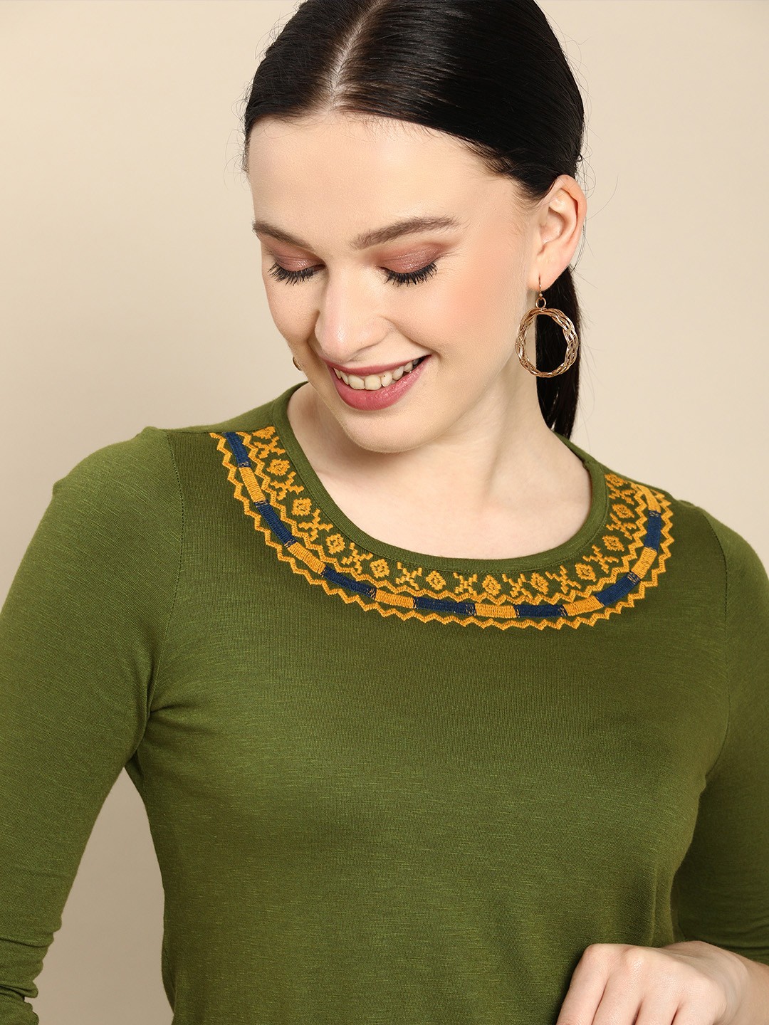 

all about you Women Olive Green Embroidered Round-Neck Cotton T-shirt