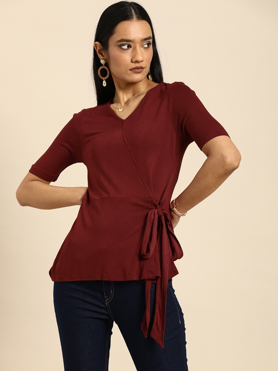 

all about you Maroon Waist Tie-Up Wrap Top