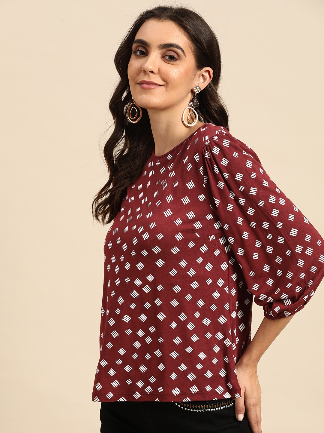 

all about you Maroon & White Geometric Print Top