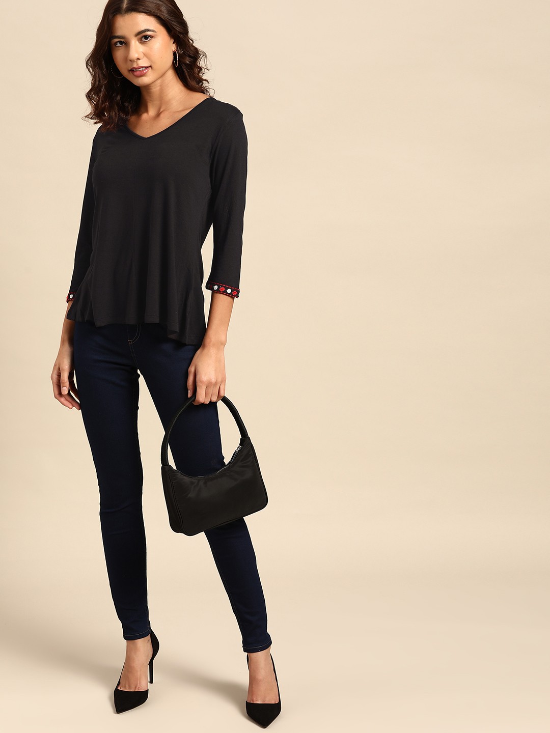 

all about you Women Black Solid V-Neck A-Line Top