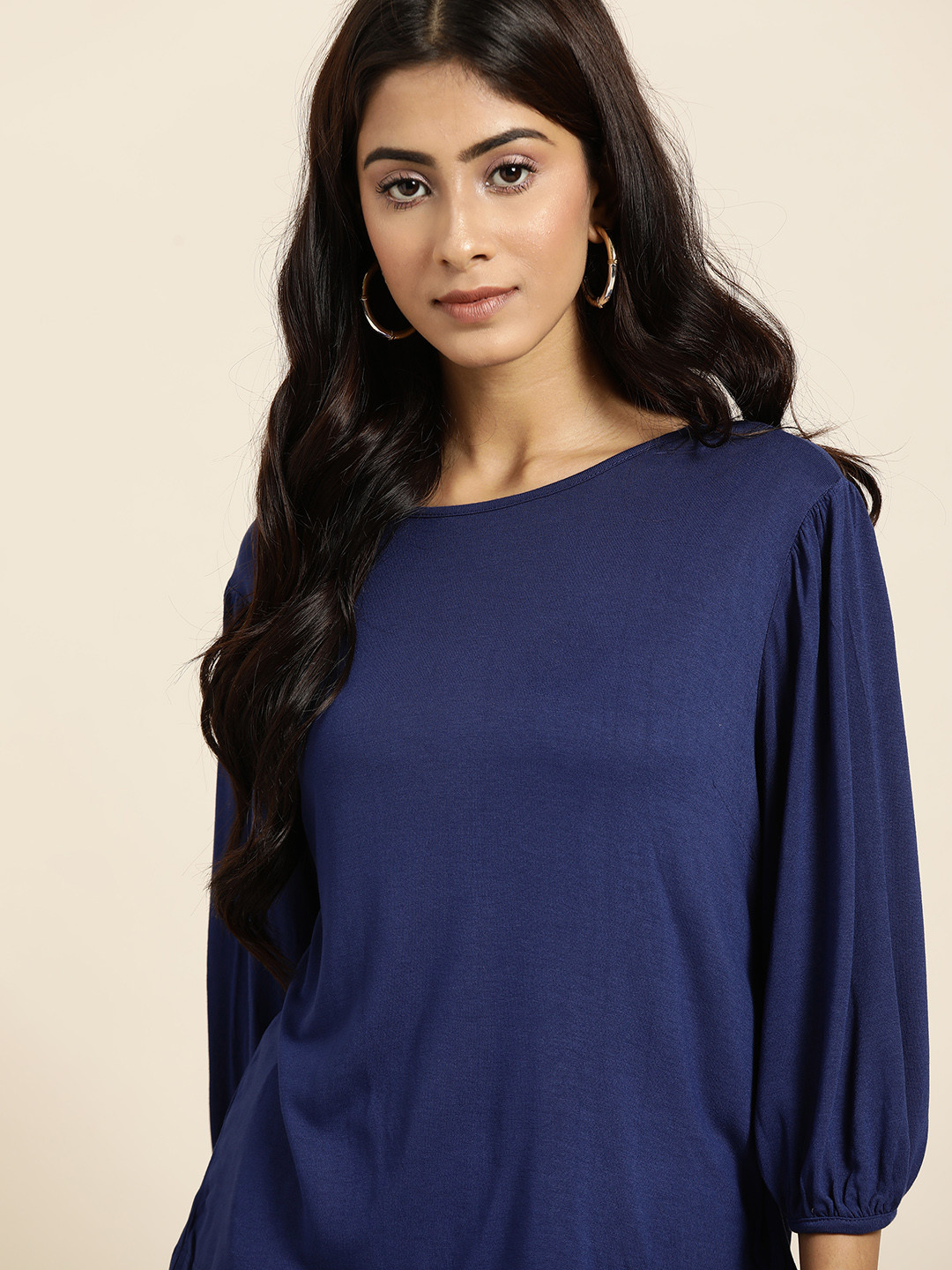 

all about you Women Navy Blue Solid Pure Cotton Regular Top