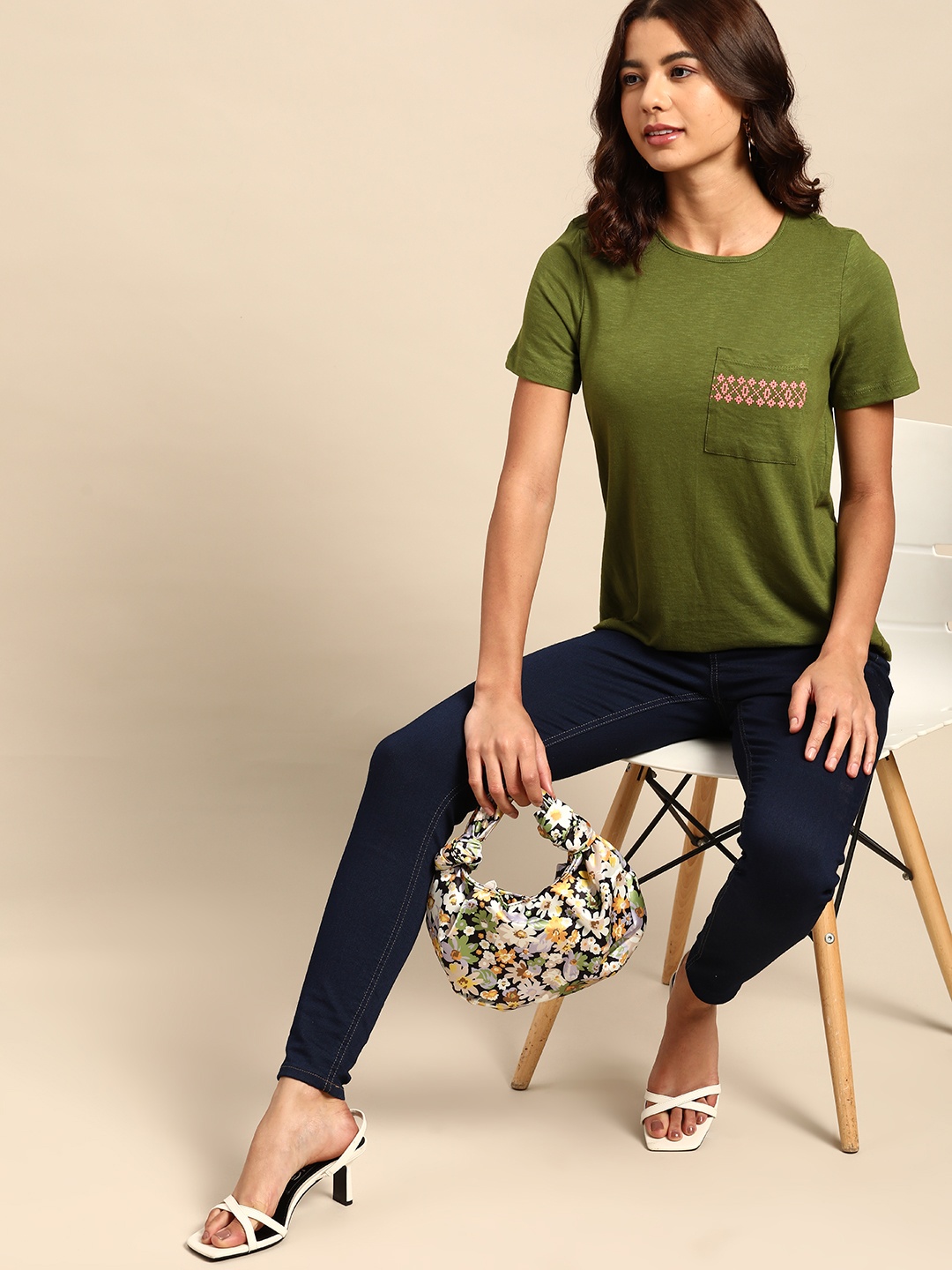 

all about you Women Olive Green Pocket Detailing Pure Cotton T-shirt