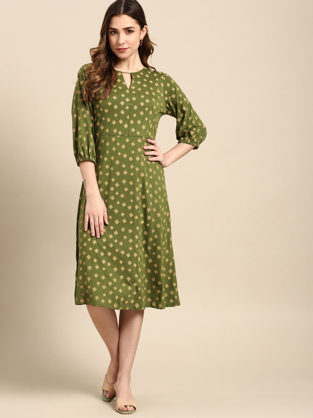 

all about you Green & Beige Keyhole Neck A-Line Dress