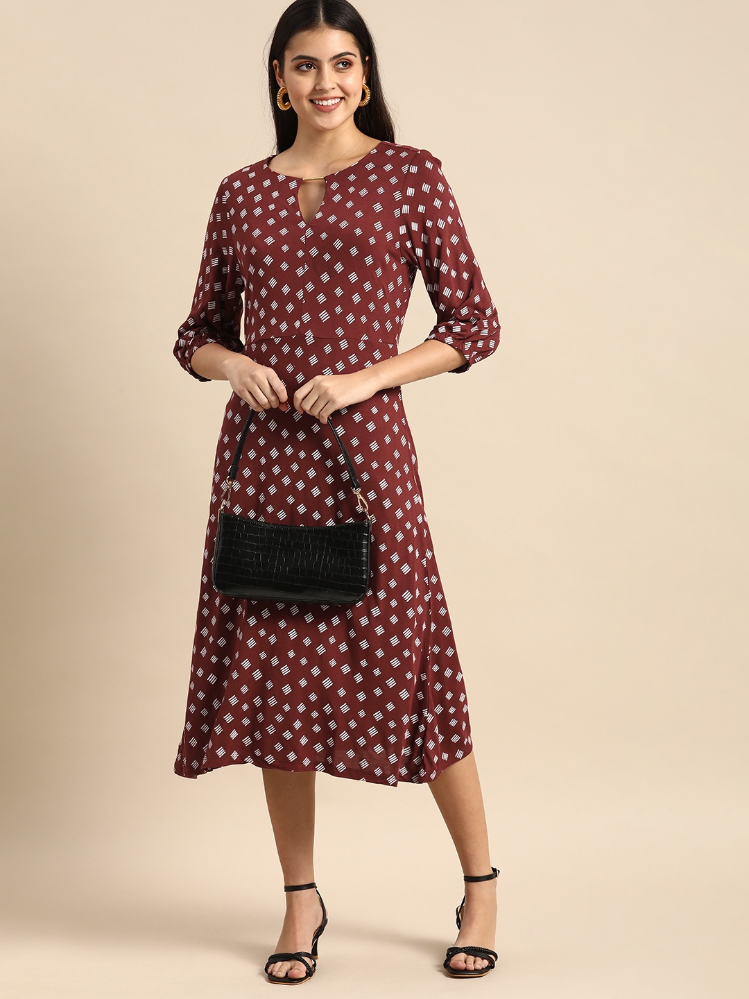 

all about you Maroon Keyhole Neck with Gold Tab Detail A-Line Midi Dress