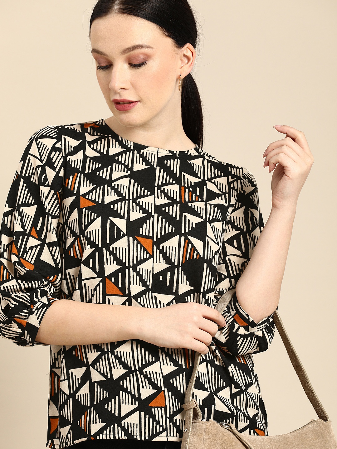 

all about you Black Round Neck Cuffed Sleeves Regular Top