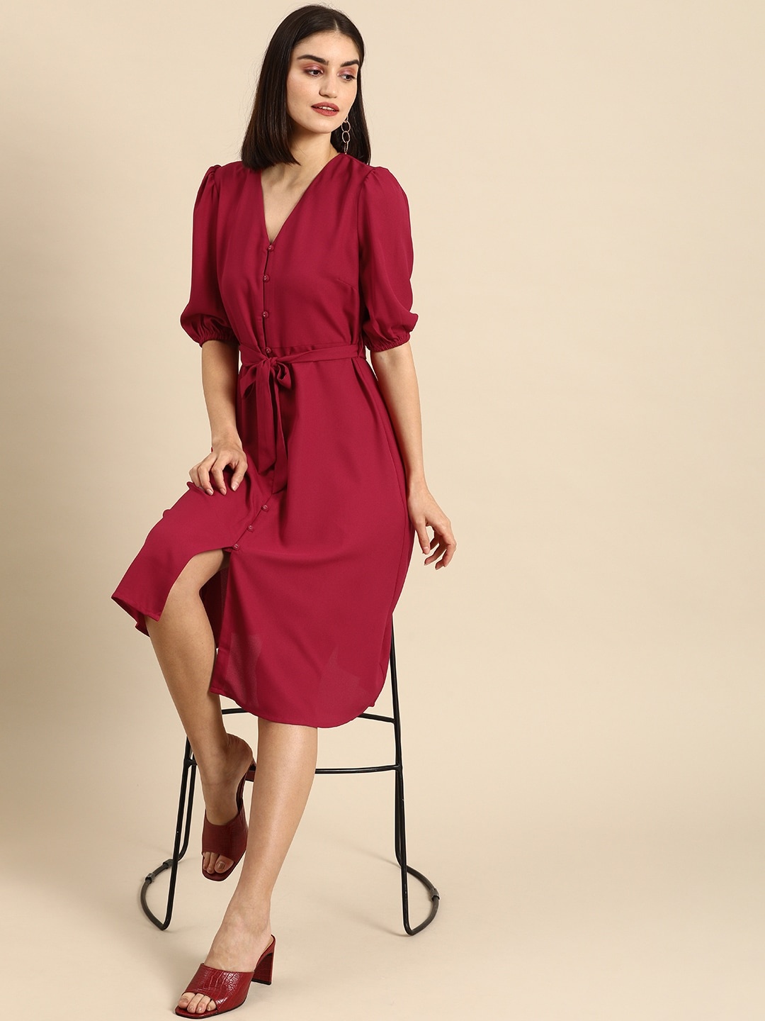 

All About You Formals Cerise Sweetheart Neck Solid A-Line Midi Dress, Maroon