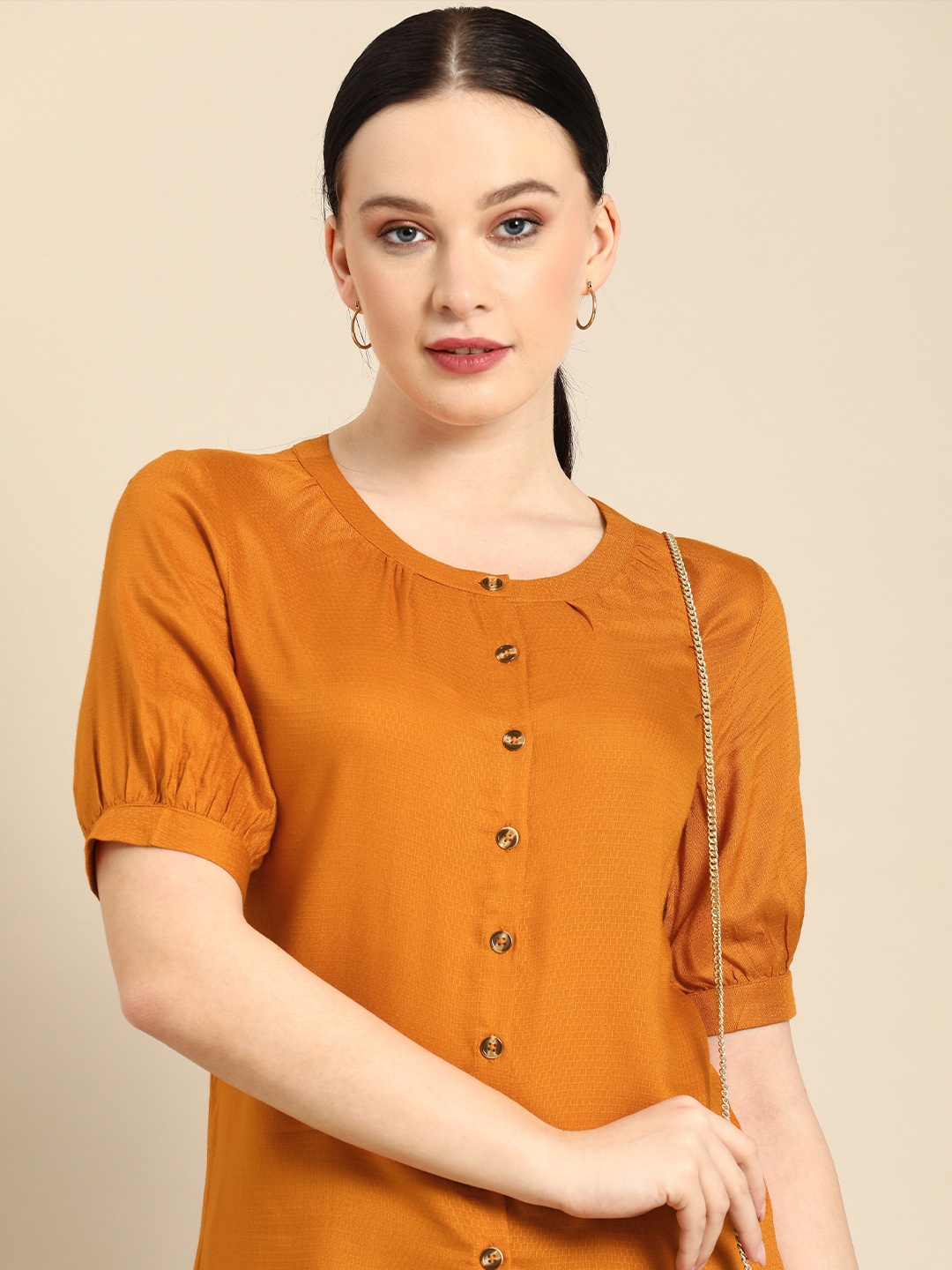 

all about you Orange Solid Round Neck Cuffed Sleeves Regular Top