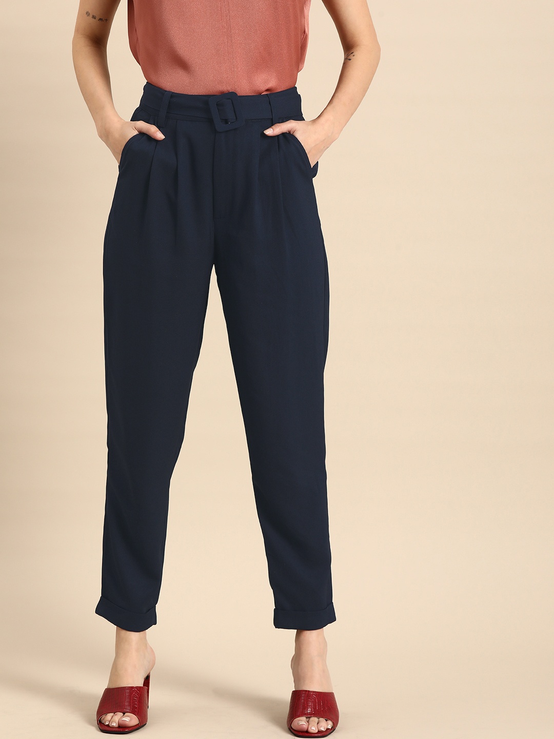 

all about you Women Blue Solid High-Rise Pleated Trousers