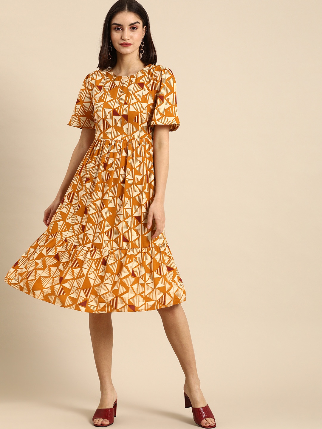 

all about you Marmalade & Maroon Flared Sleeved A- Line Women's Midi Dress, Mustard