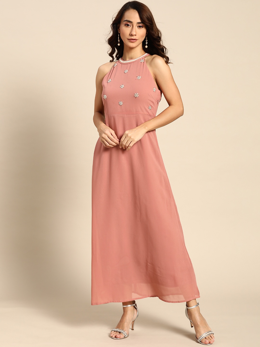 

all about you Pink Embellished Yoke Maxi Dress