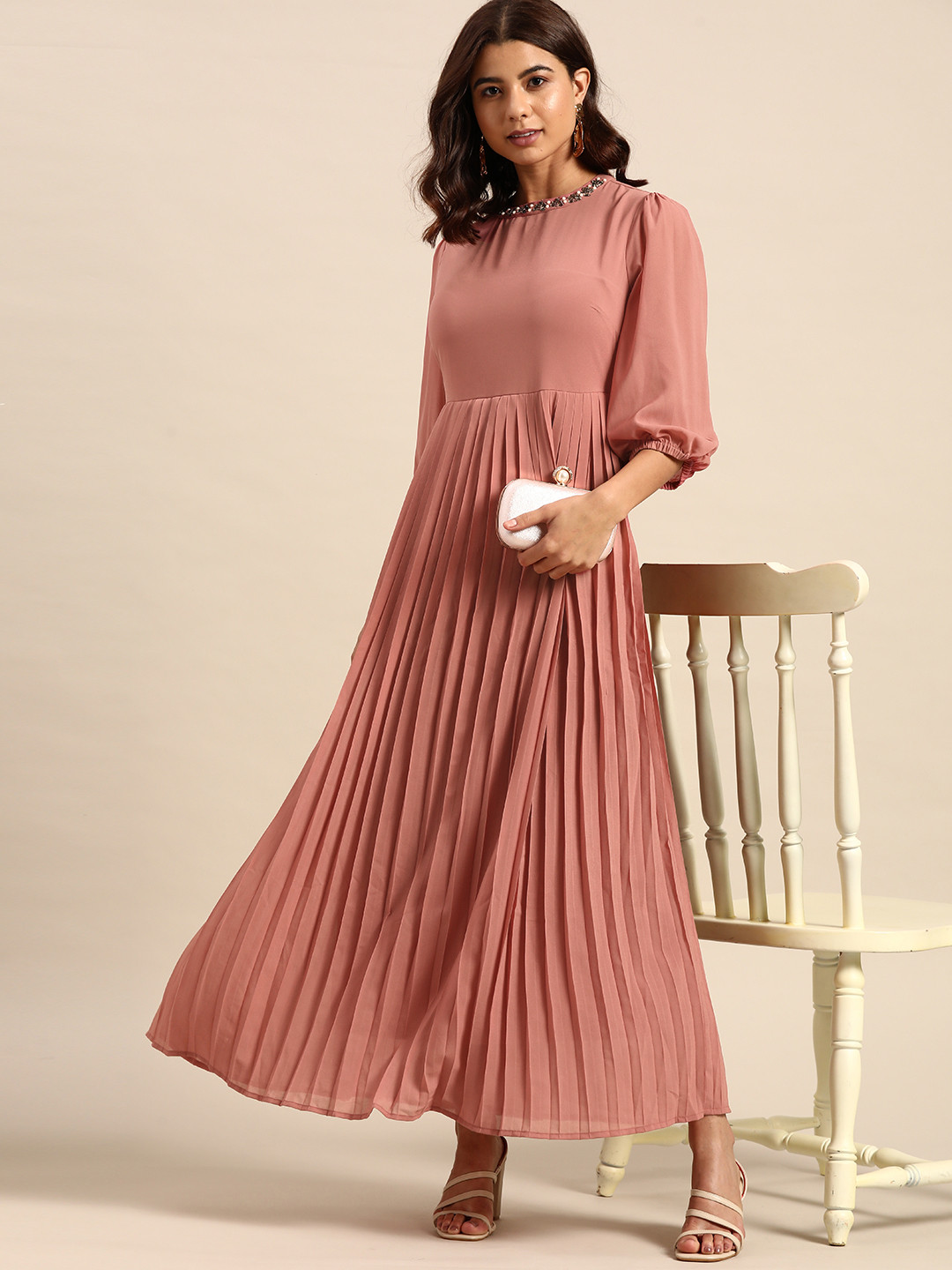 

all about you Dusty Pink Solid Accordion Pleats Maxi Dress