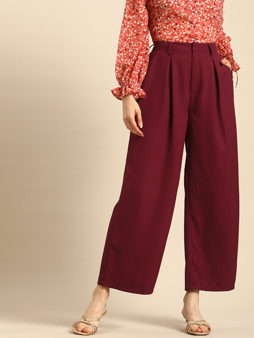 

all about you Women Maroon Pleated Parallel Trousers