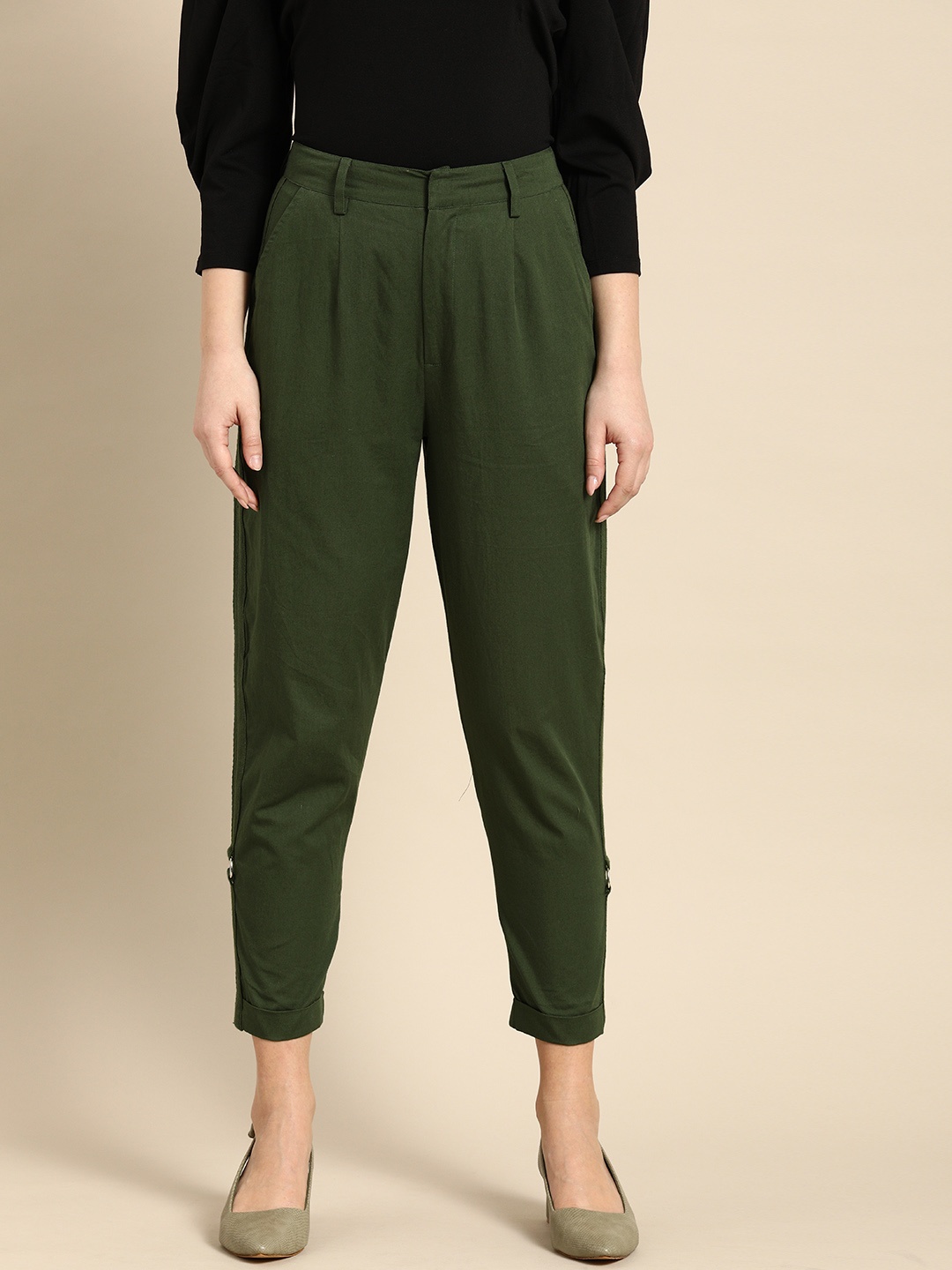 

all about you Women Olive Green Solid Mid-Rise Regular Fit Pure Cotton Casual Trousers