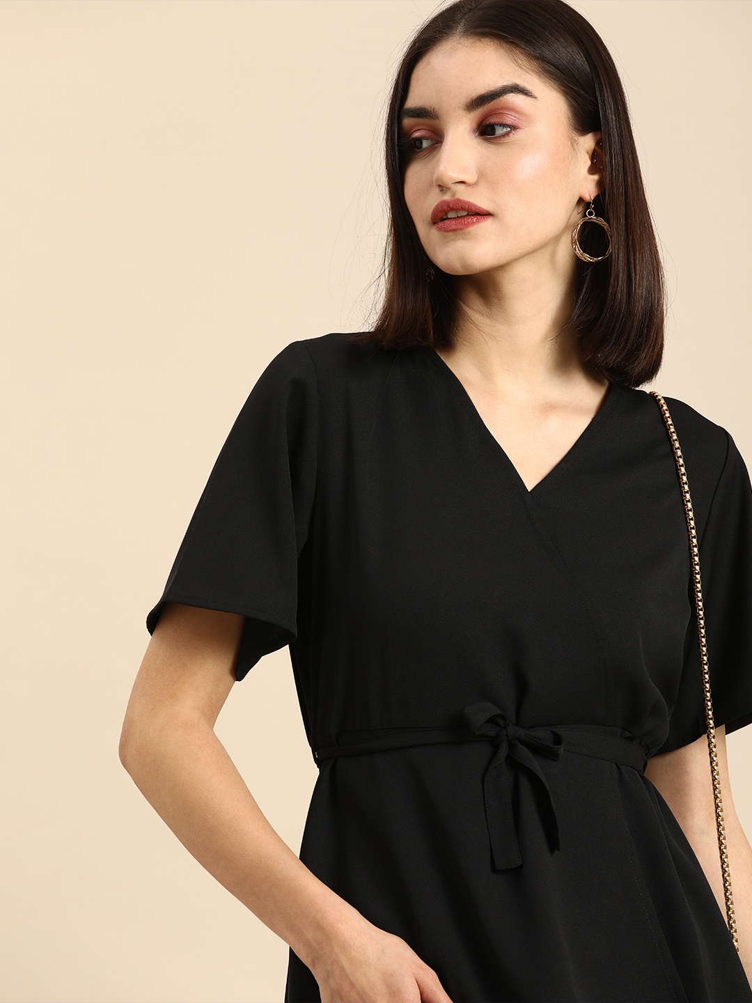 

all about you Women's Jet Black Flared Sleeved A-Line Top