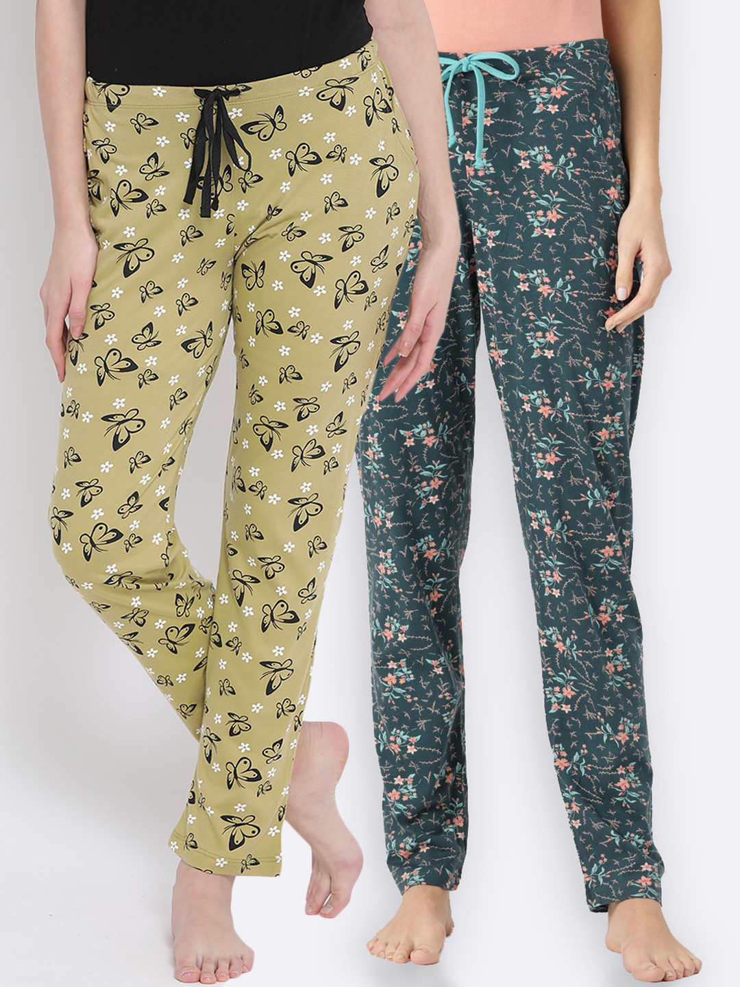 

Kanvin Women Pack of 2 Printed Cotton Lounge Pants, Mustard