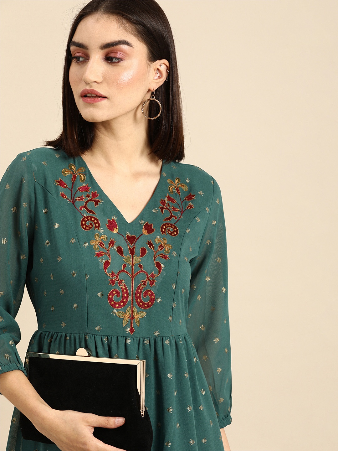 

all about you Women Green & Red Floral Embroidered V-Neck A-Line Midi Dress