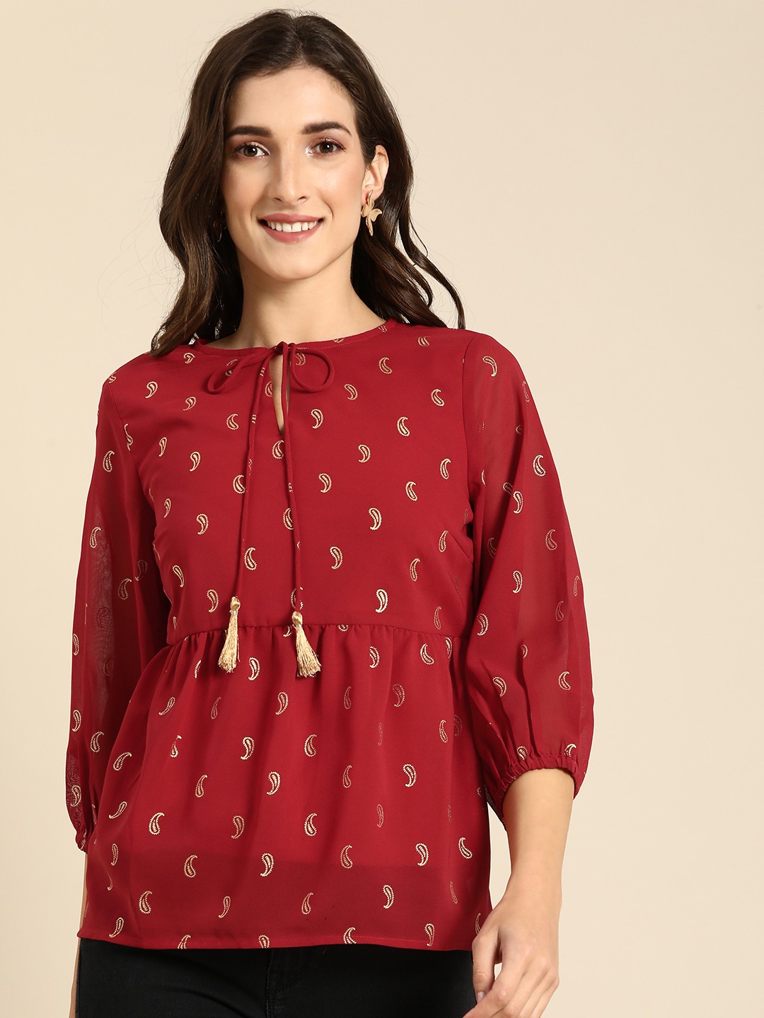 

all about you Red & Gold-Toned Tie-Up Neck Peplum Top