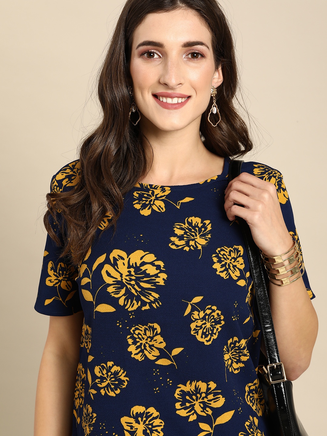

all about you Navy Blue & Mustard Yellow Floral Regular Top