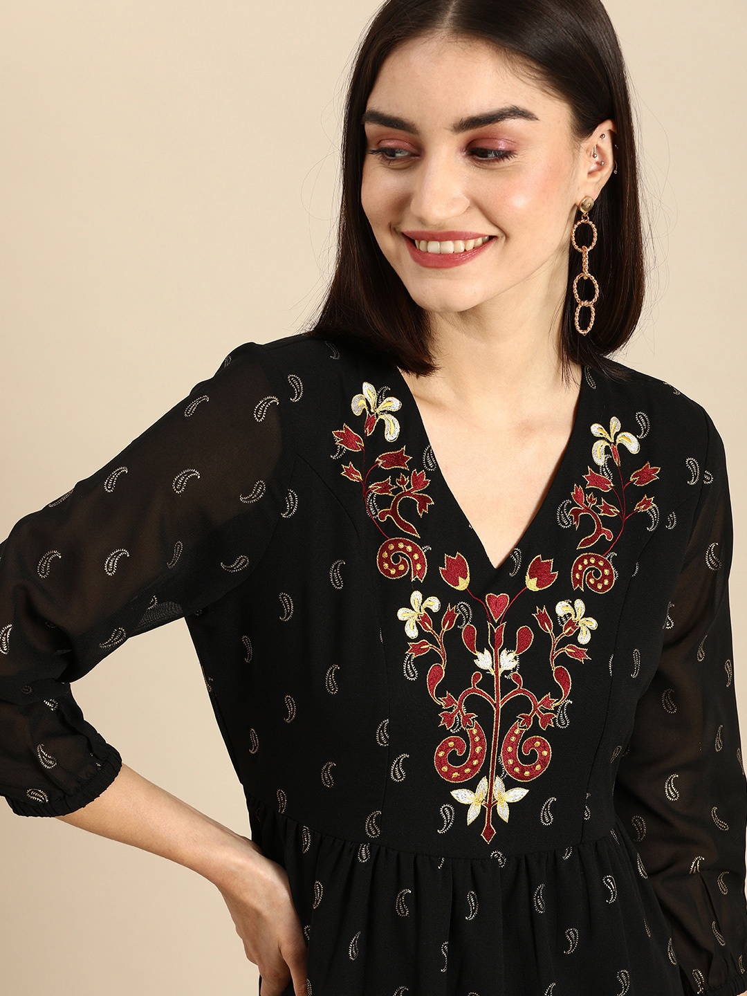 

all about you Jet Black & Beige Ethnic Motifs Empire Midi Dress