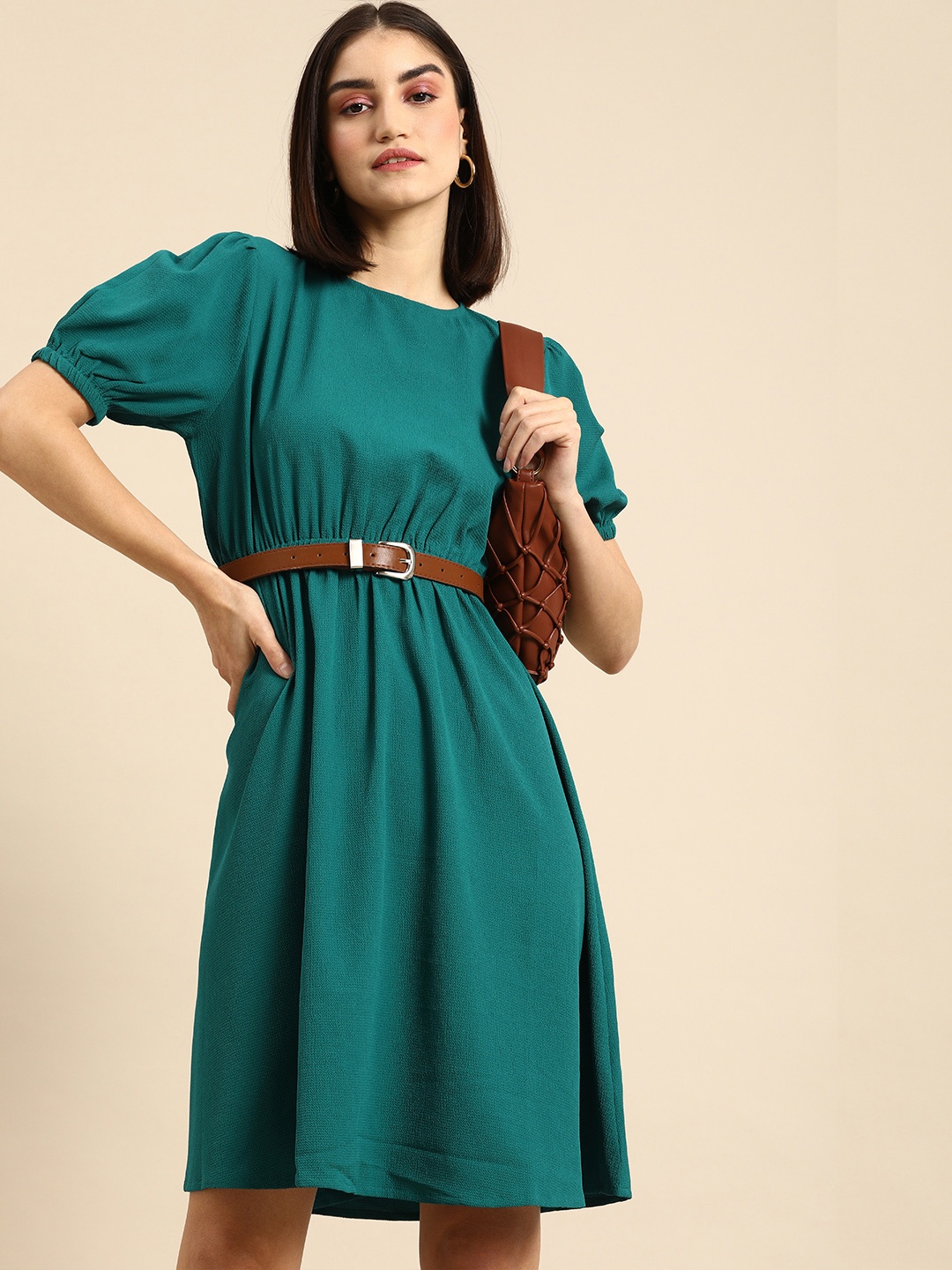 

all about you Women Blue Self-Design Puff Sleeves Fit And Flare Dress