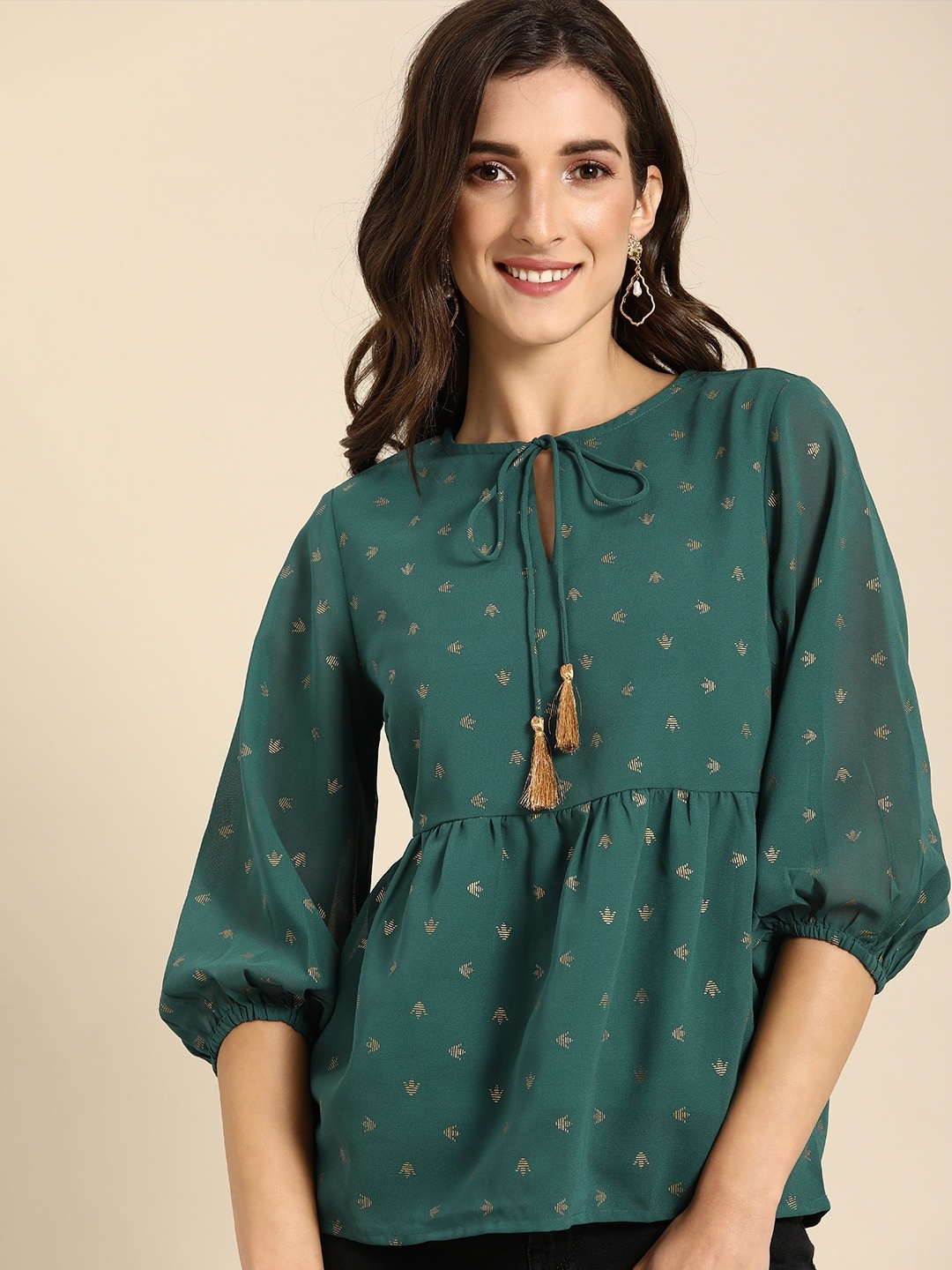 

all about you Green & Cream-Coloured Tie-Up Neck Peplum Top