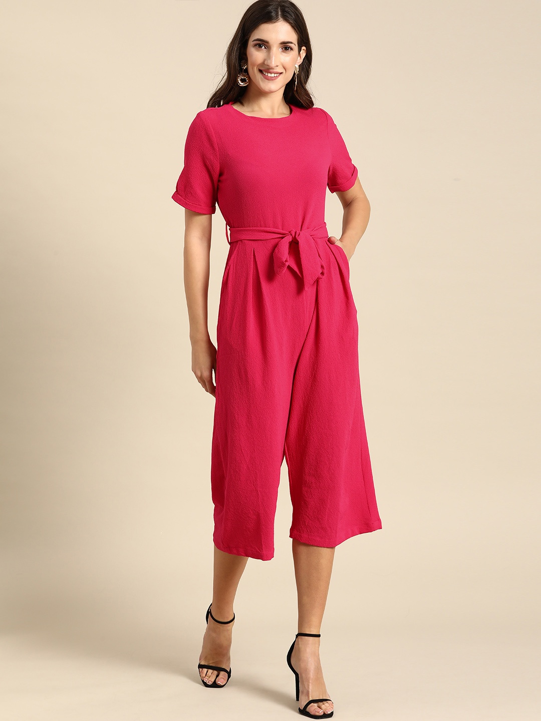 

all about you Fuchsia Pink Solid Round-Neck Basic Jumpsuit With A Belt