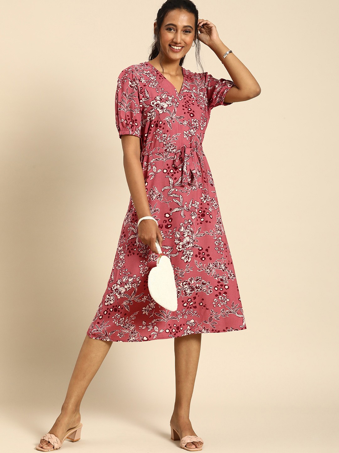 

all about you Pink & White Floral Waist Tie-Up A-Line Midi Dress