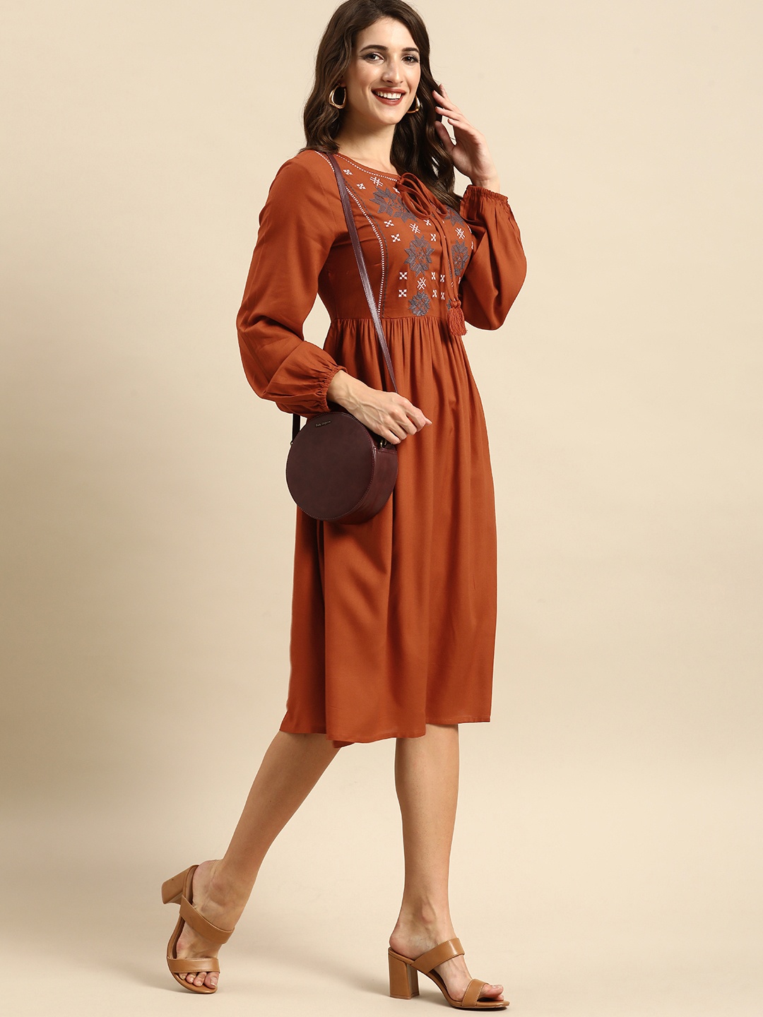 

all about you Rust Embroidered A-Line Dress