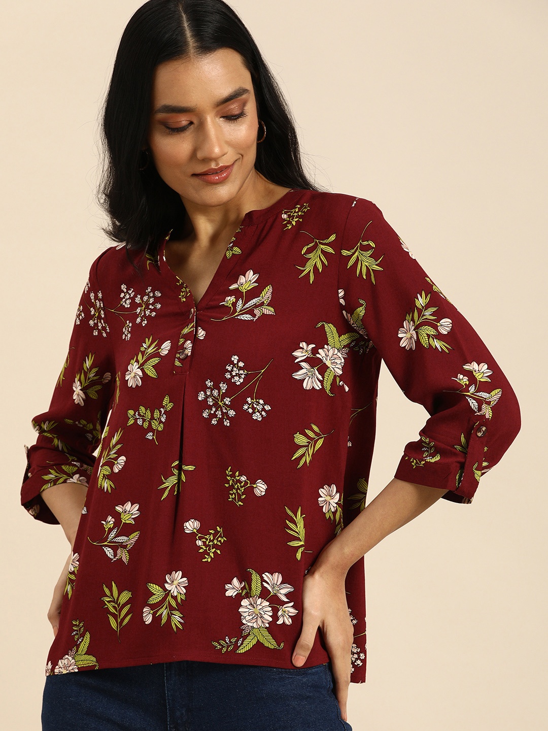 

all about you Maroon Floral Roll-Up Sleeves Regular Top
