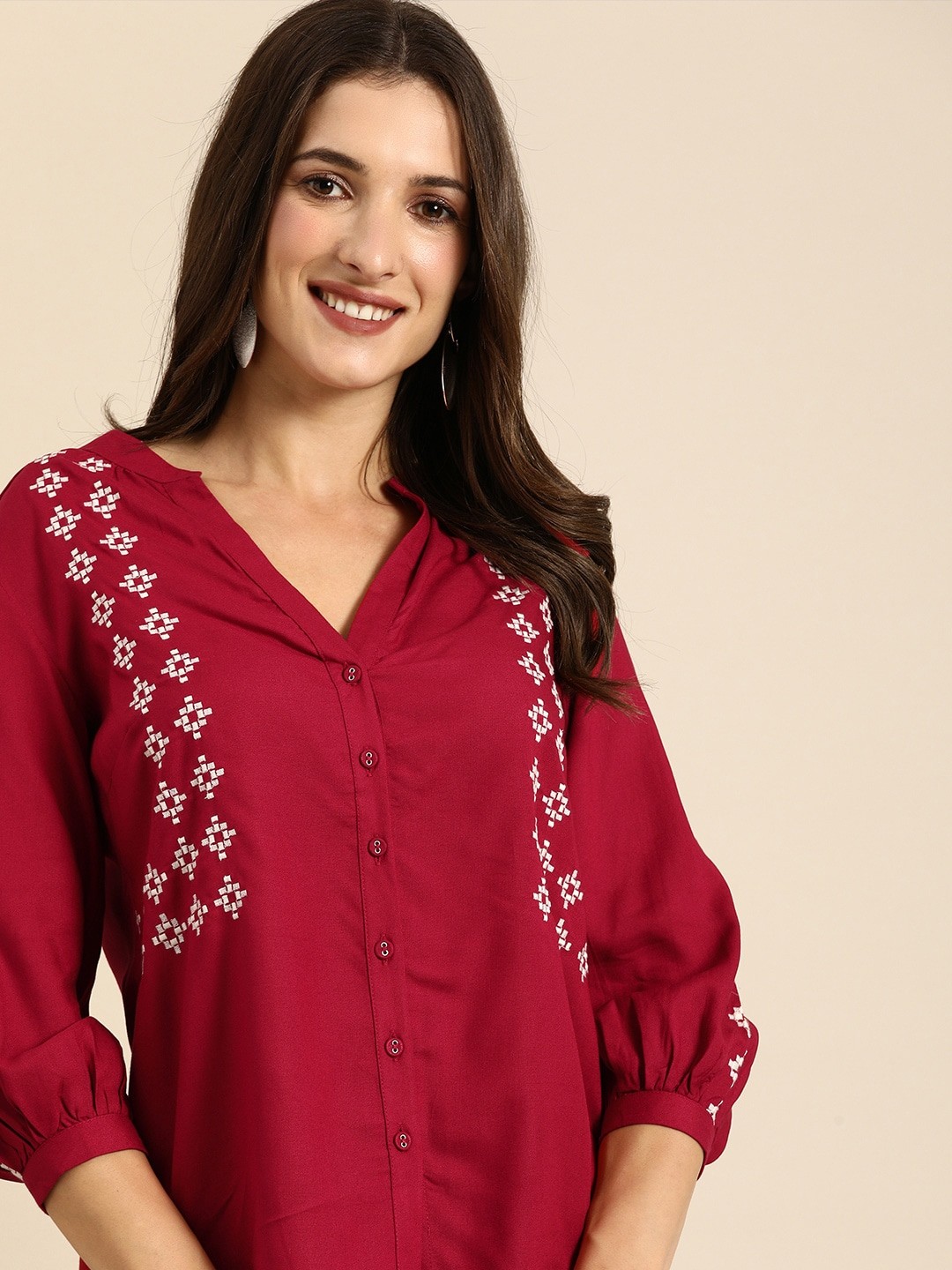 

all about you Red Embroidered Shirt Style Top