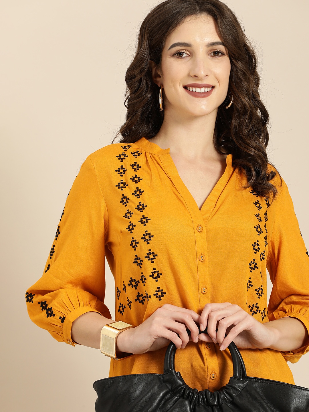 

Routes by All About You Mustard Yellow & Black Embroidered V Neck Top