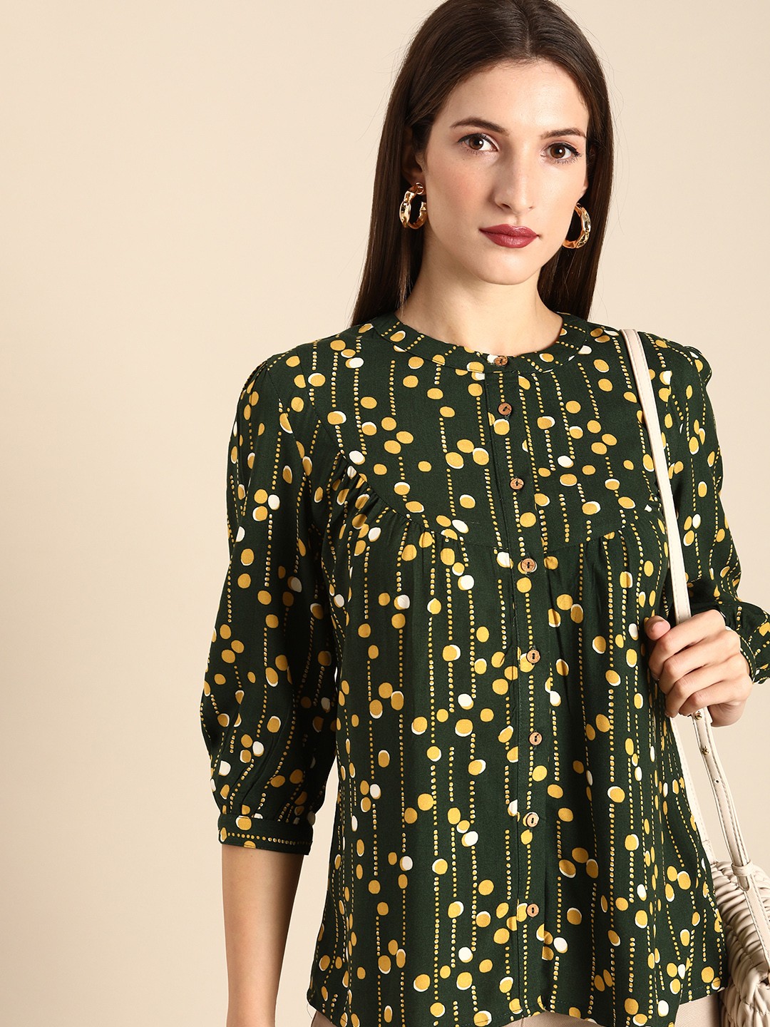 

all about you Women Green & Mustard Yellow Printed Mandarin Collar Regular Top