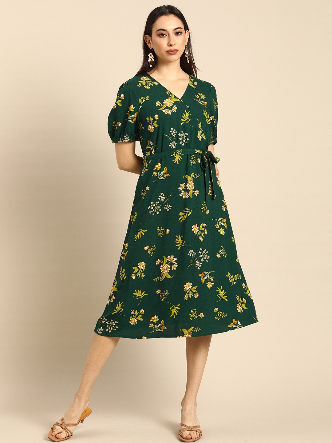 

all about you Green Floral A-Line Midi Dress