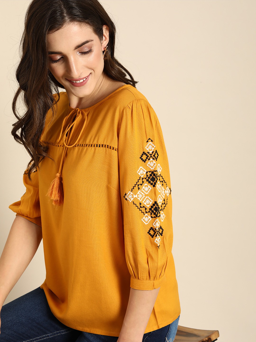 

all about you Mustard Yellow & White Embroidered Tie-Up Neck Regular Top
