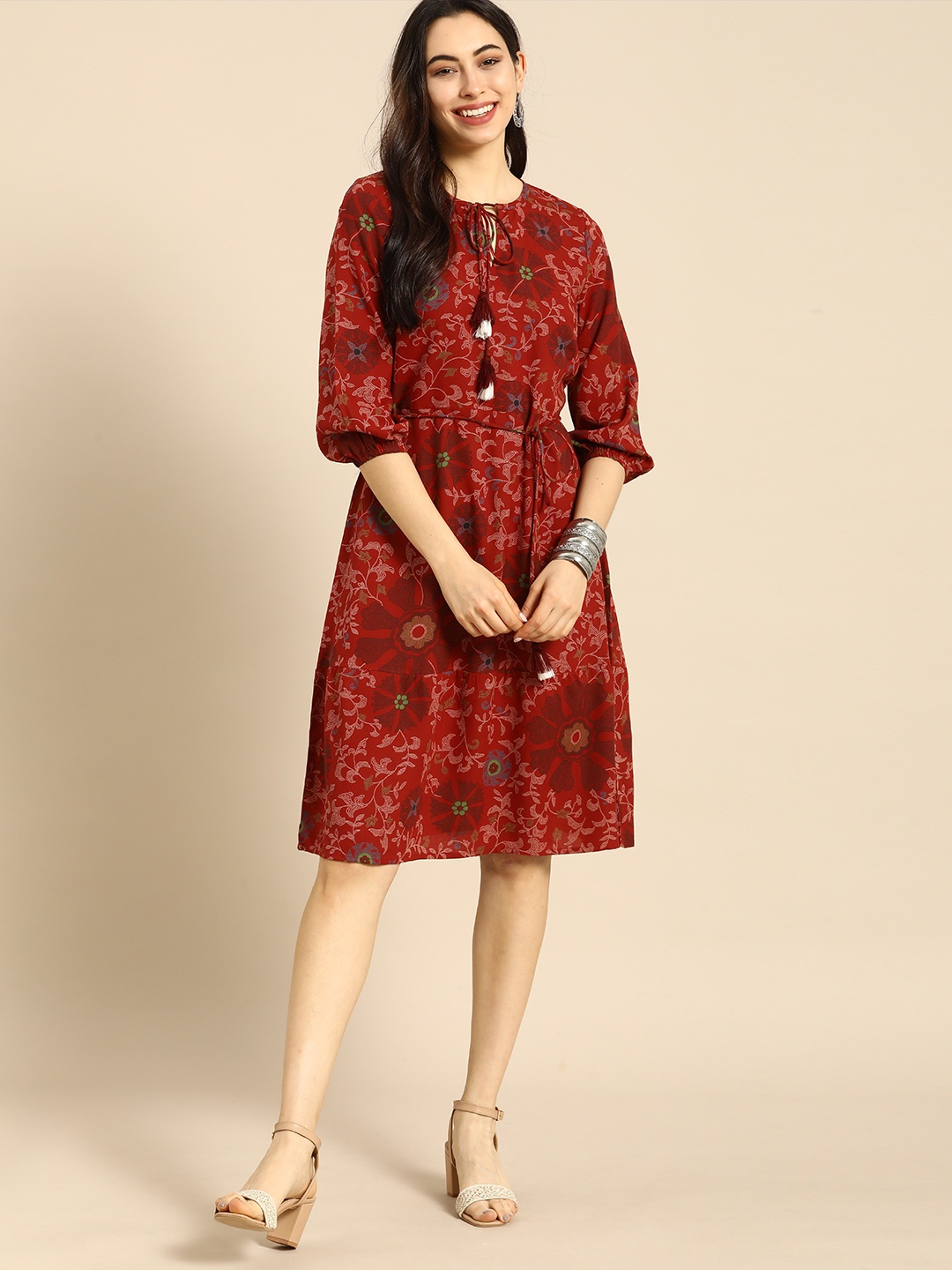all about you Red Floral Keyhole Neck A-Line Dress