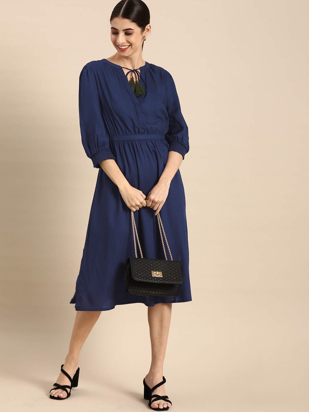

all about you Navy Blue Pleated Tie-Up Neck Midi Dress