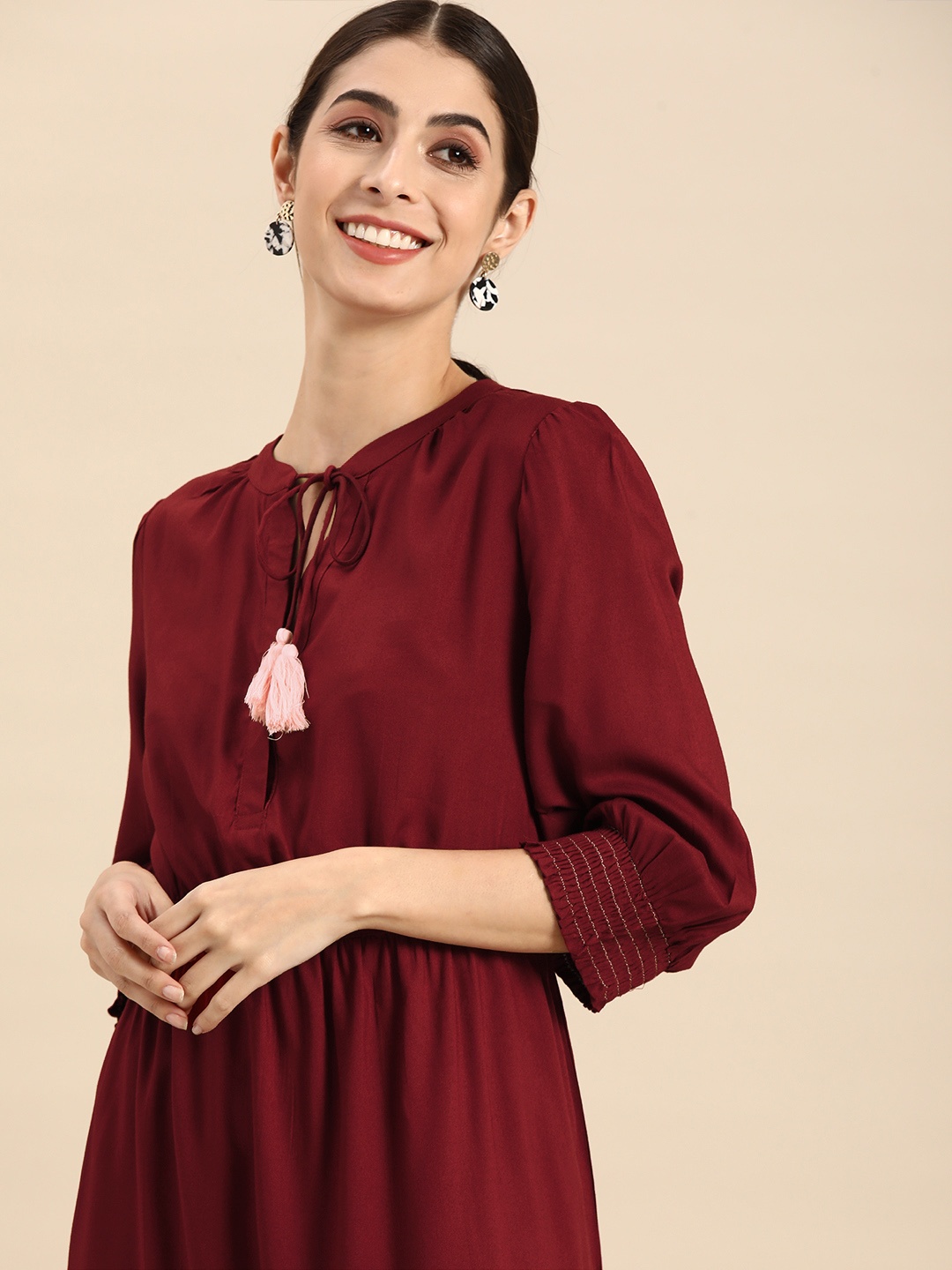 

all about you Maroon Pleated Tie-Up Neck Midi Dress