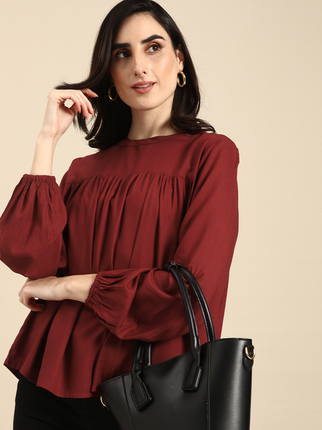 

all about you Maroon Regular Puff Sleeve Top