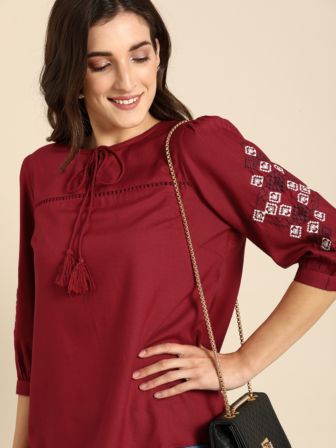 

all about you Red & White Embroidered Tie-Up Neck Regular Top