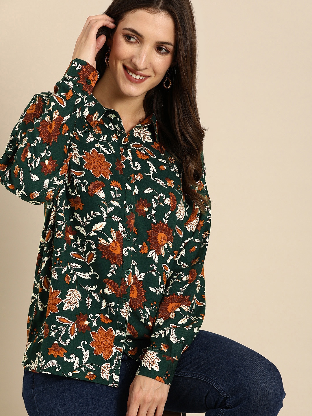 

Routes by All About You Women Green & Rust Orange Floral Printed Drop-Shoulder Sleeves Casual Shirt