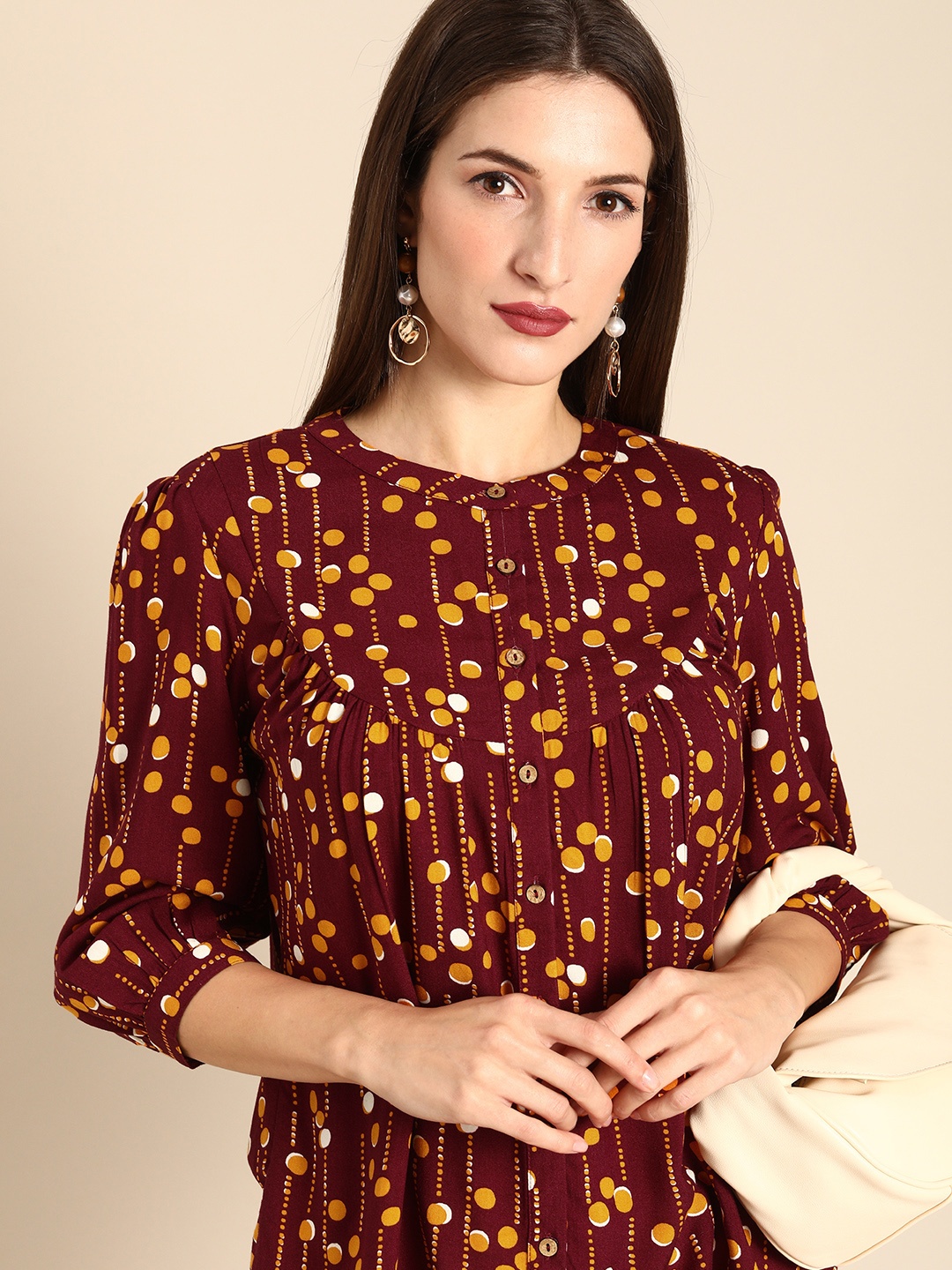 

all about you Women Maroon & Mustard Yellow Printed Mandarin Collar Regular Top