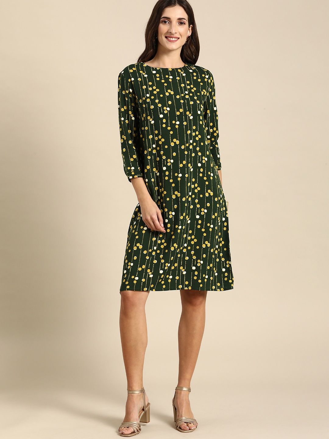 

all about you Green & Yellow Printed A-Line Midi Dress
