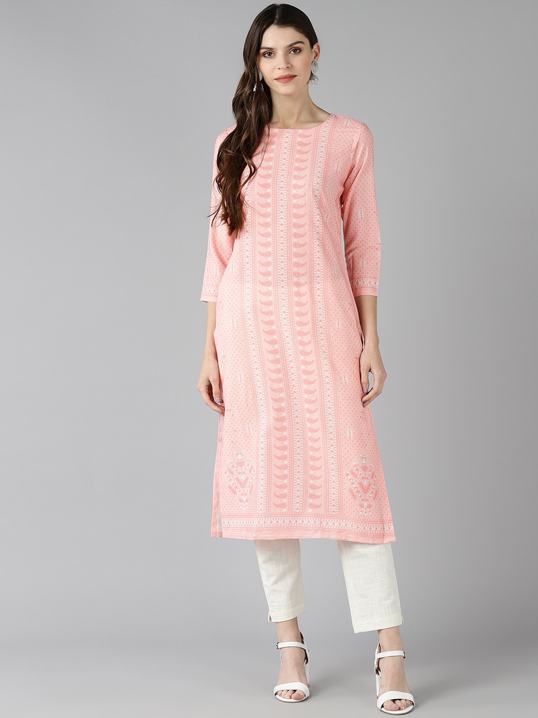 

AHIKA Women Peach-Coloured & Off White Ethnic Motifs Printed Kurta